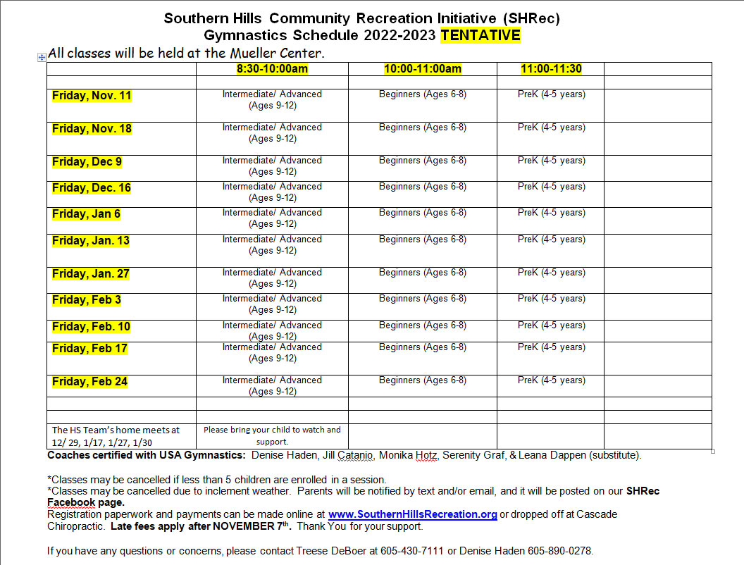 Southern Hills Community Recreation Initiative (SHRec) Gymnastics Schedule 2022-2023