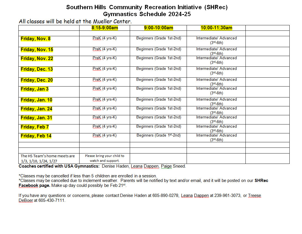 Southern Hills Community Recreation Initiative (SHRec) Gymnastics Schedule 2022-2023